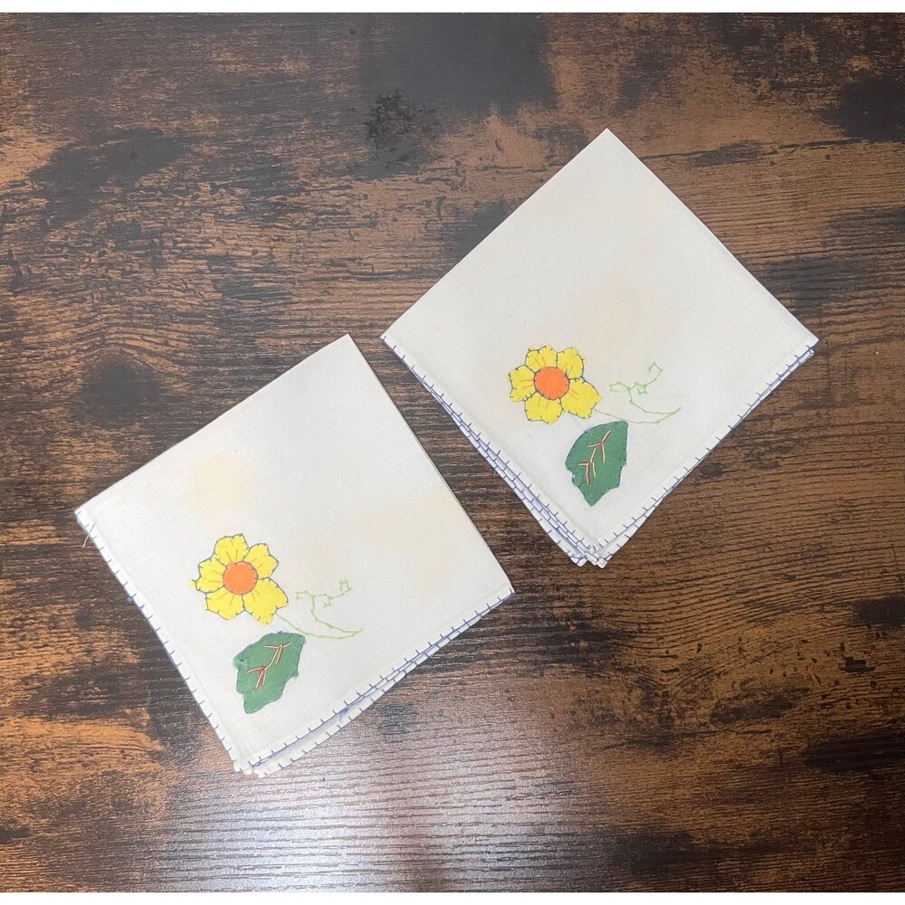 Vintage White Handkerchief Hankie Embroidered Flowers Linen 10”x10”